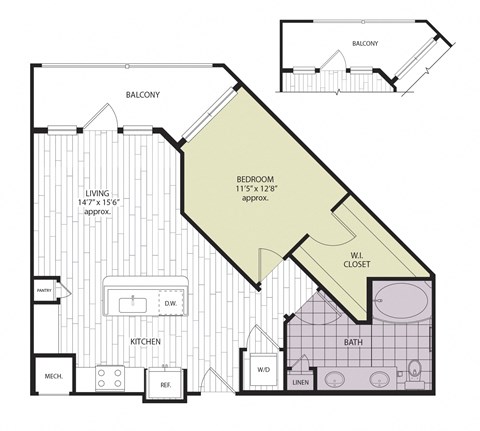 Floor plan for 1 bed, 1 bath, 738 sqft